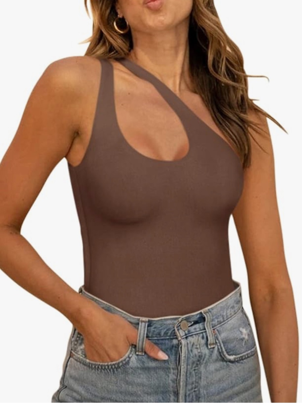 Asymmetric One-Shoulder Brown Tank Top